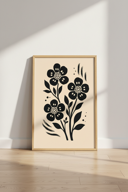 Minimalist Floral Wall Art | Black Botanical Print, Neutral Modern Home Decor