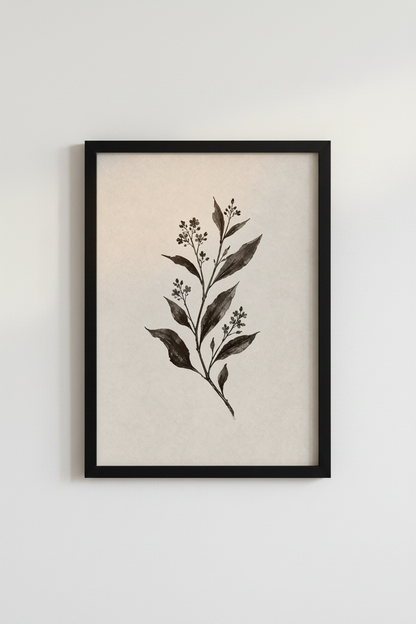 Botanical Ink Sketch | Black &amp; Beige Floral Print, Minimalist Bedroom Art
