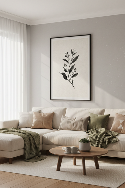 Botanical Ink Sketch | Black &amp; Beige Floral Print, Minimalist Bedroom Art