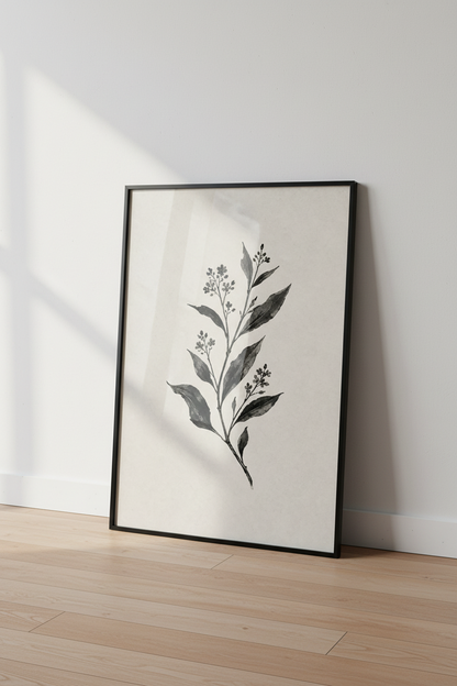 Botanical Ink Sketch | Black &amp; Beige Floral Print, Minimalist Bedroom Art