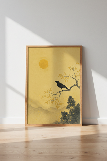 Japanese Crow Art Print | Golden Minimalist Bird Poster, Zen Living Room Decor