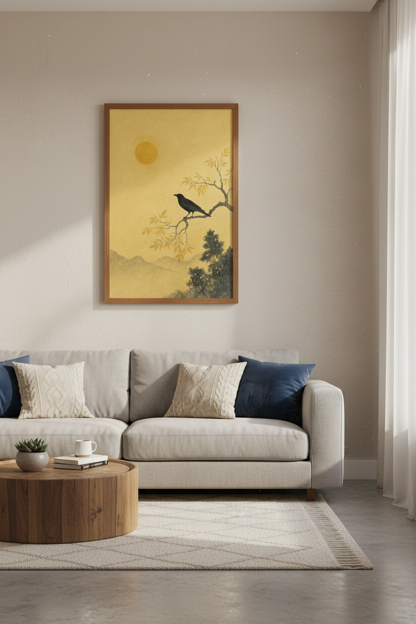 Japanese Crow Art Print | Golden Minimalist Bird Poster, Zen Living Room Decor
