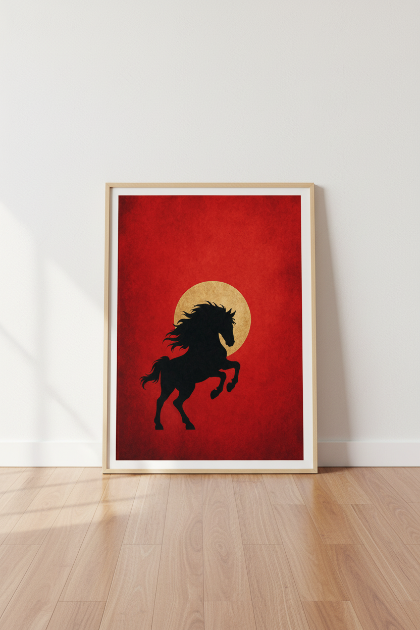 Black Horse Silhouette Wall Art Print | Modern Red &amp; Gold Decor | Minimalist Poster