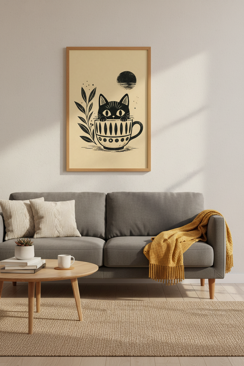 Cat in Teacup Wall Art | Black &amp; Beige Linocut Style, Boho Kitchen Poster