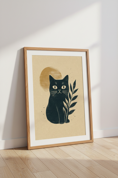 Black Cat Woodblock Wall Art | Boho Botanical Sun Decor | Minimalist Poster
