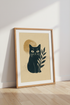 Black Cat Woodblock Wall Art | Boho Botanical Sun Decor | Minimalist Poster