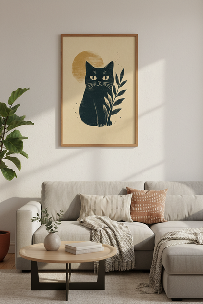 Black Cat Woodblock Wall Art | Boho Botanical Sun Decor | Minimalist Poster