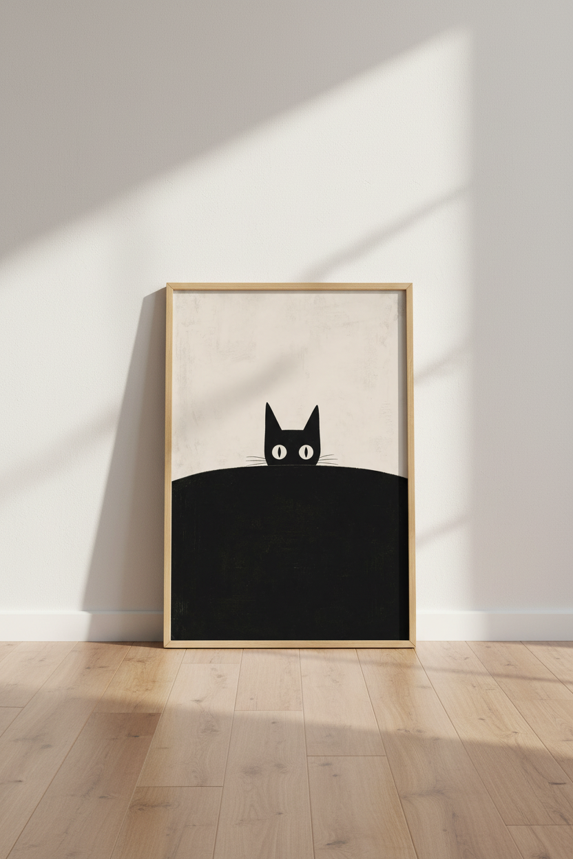 Black Cat Wall Art Print | Minimalist Peeking Cat Poster | Modern Home Decor