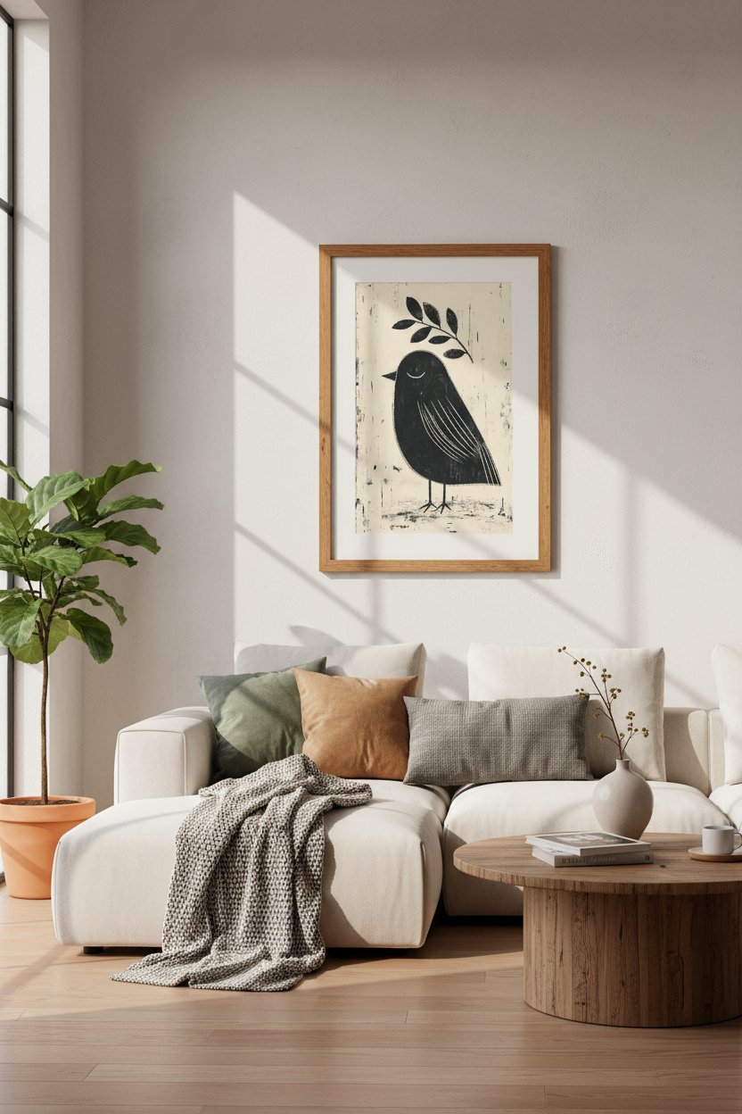 Folk Art Bird Linocut | Black Nature Print, Neutral Farmhouse Wall Art Poster