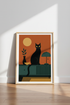 Mid Century Black Cat Wall Art | Retro Orange & Teal Poster | Modern Boho Decor