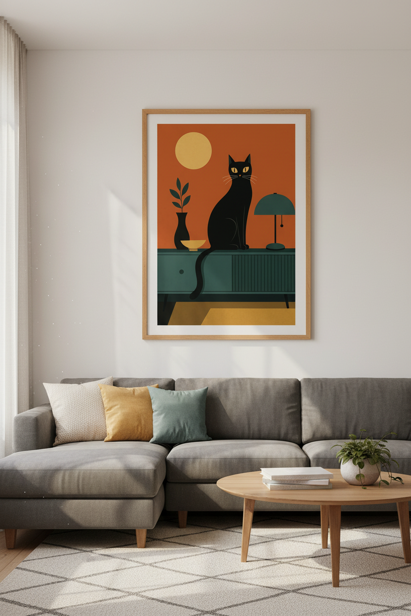 Mid Century Black Cat Wall Art | Retro Orange &amp; Teal Poster | Modern Boho Decor