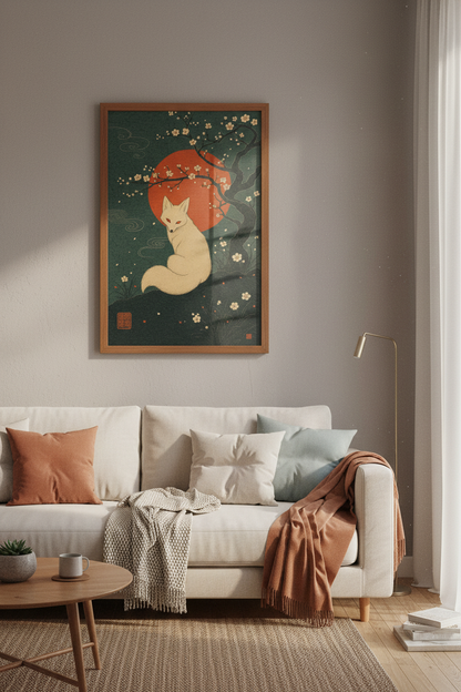 Japanese Fox Wall Art | Red Sun Kitsune Poster, Zen Home Decor Print