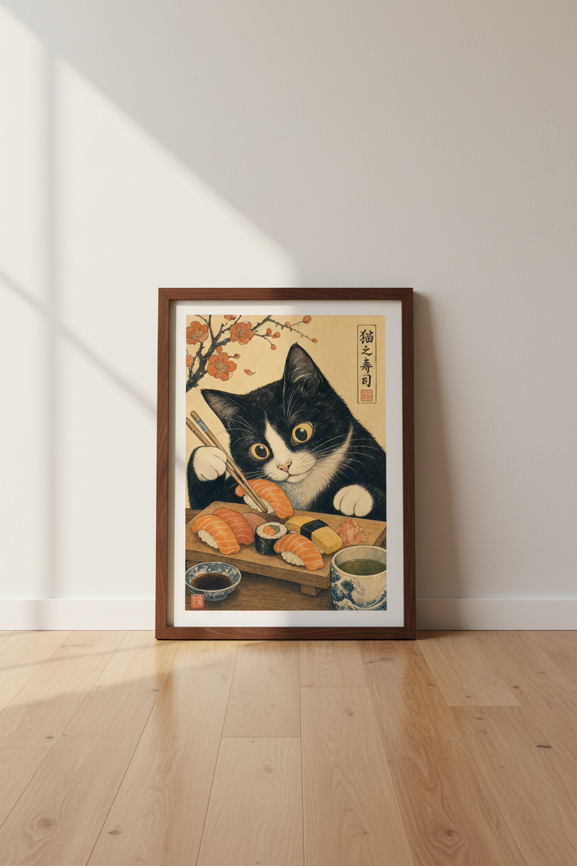 Japanese Cat Sushi Wall Art | Ukiyo-e Style Tuxedo Cat Poster | Kitchen Decor