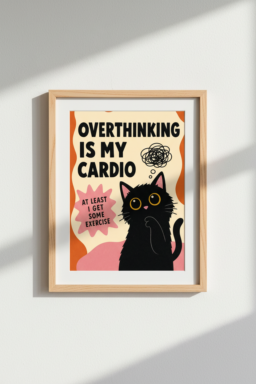 Funny Cat Wall Art | Overthinking Poster, Retro Black Cat Print for Office Decor