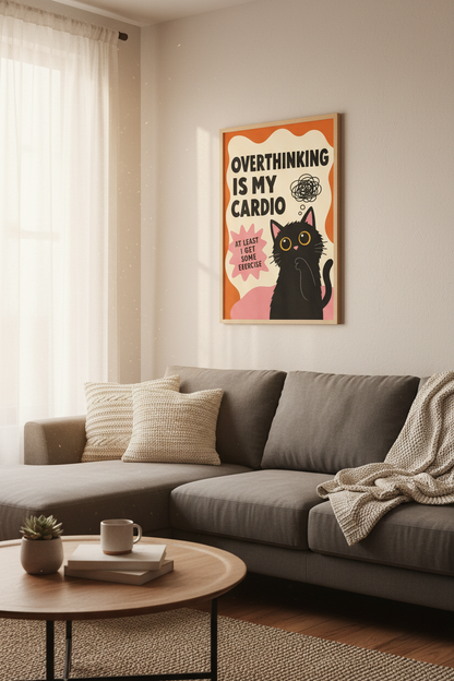Funny Cat Wall Art | Overthinking Poster, Retro Black Cat Print for Office Decor