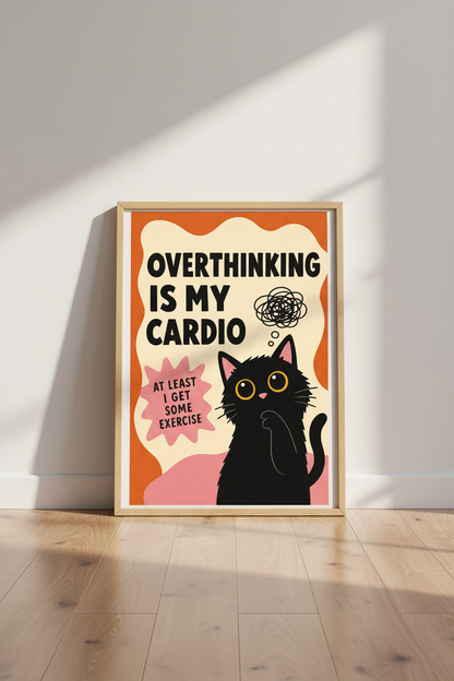 Funny Cat Wall Art | Overthinking Poster, Retro Black Cat Print for Office Decor