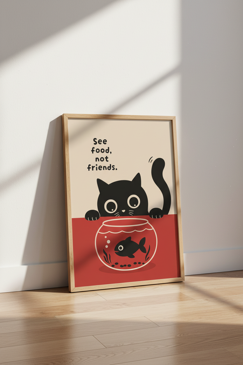 Funny Cat Wall Art Print | Minimalist Kitchen Decor | Black Cat Poster