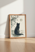 Black Cat & Moon Wall Art | Japanese Sumi-e Style Ink Print, Zen Minimalist Decor