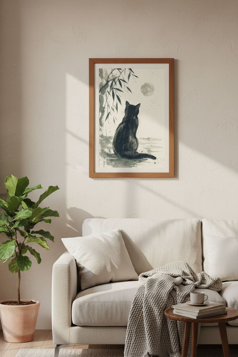 Black Cat &amp; Moon Wall Art | Japanese Sumi-e Style Ink Print, Zen Minimalist Decor