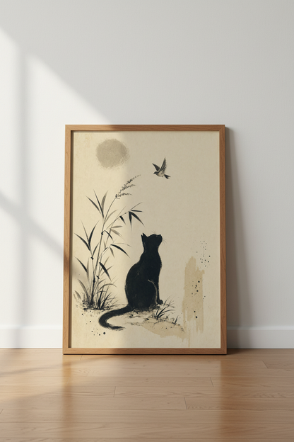 Black Cat &amp; Bird Japanese Ink Art | Minimalist Sumi-e Poster, Zen Home Decor