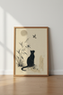 Black Cat & Bird Japanese Ink Art | Minimalist Sumi-e Poster, Zen Home Decor