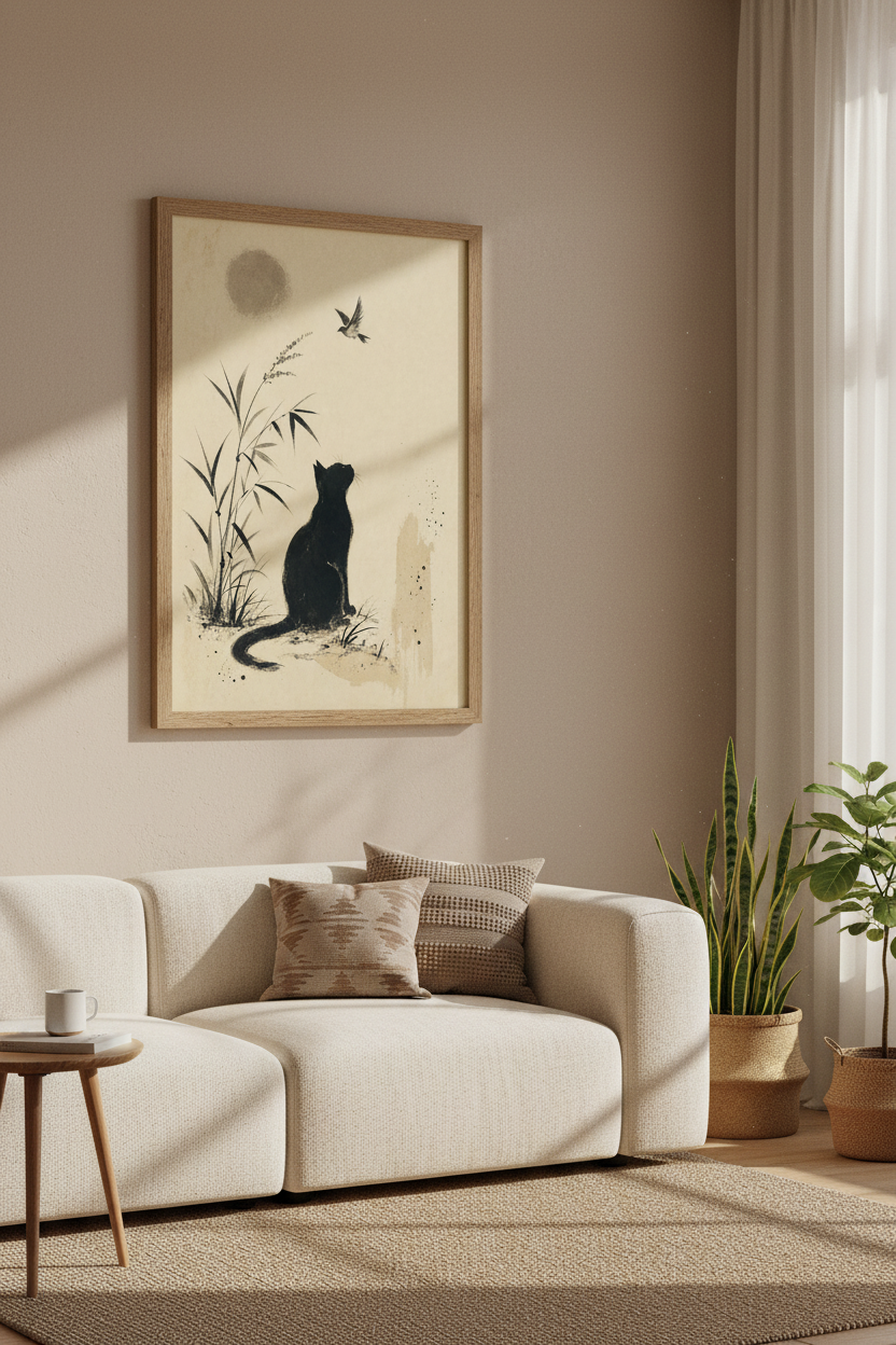 Black Cat &amp; Bird Japanese Ink Art | Minimalist Sumi-e Poster, Zen Home Decor