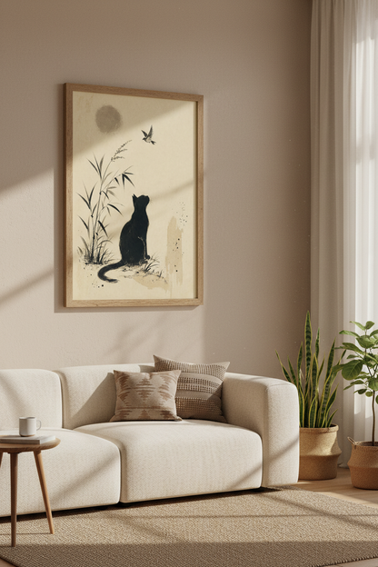 Black Cat &amp; Bird Japanese Ink Art | Minimalist Sumi-e Poster, Zen Home Decor
