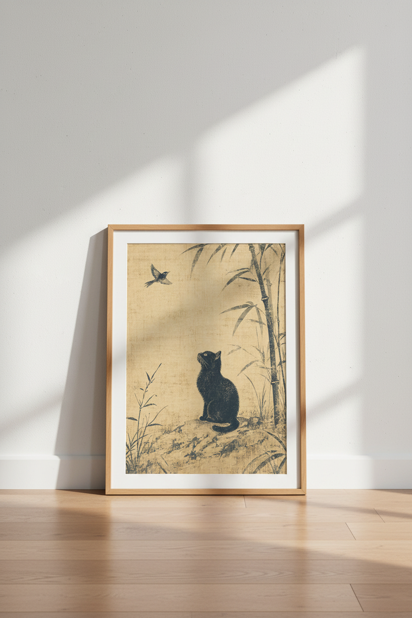 Black Cat &amp; Bamboo Wall Art | Vintage Japanese Style Print, Zen Home Decor