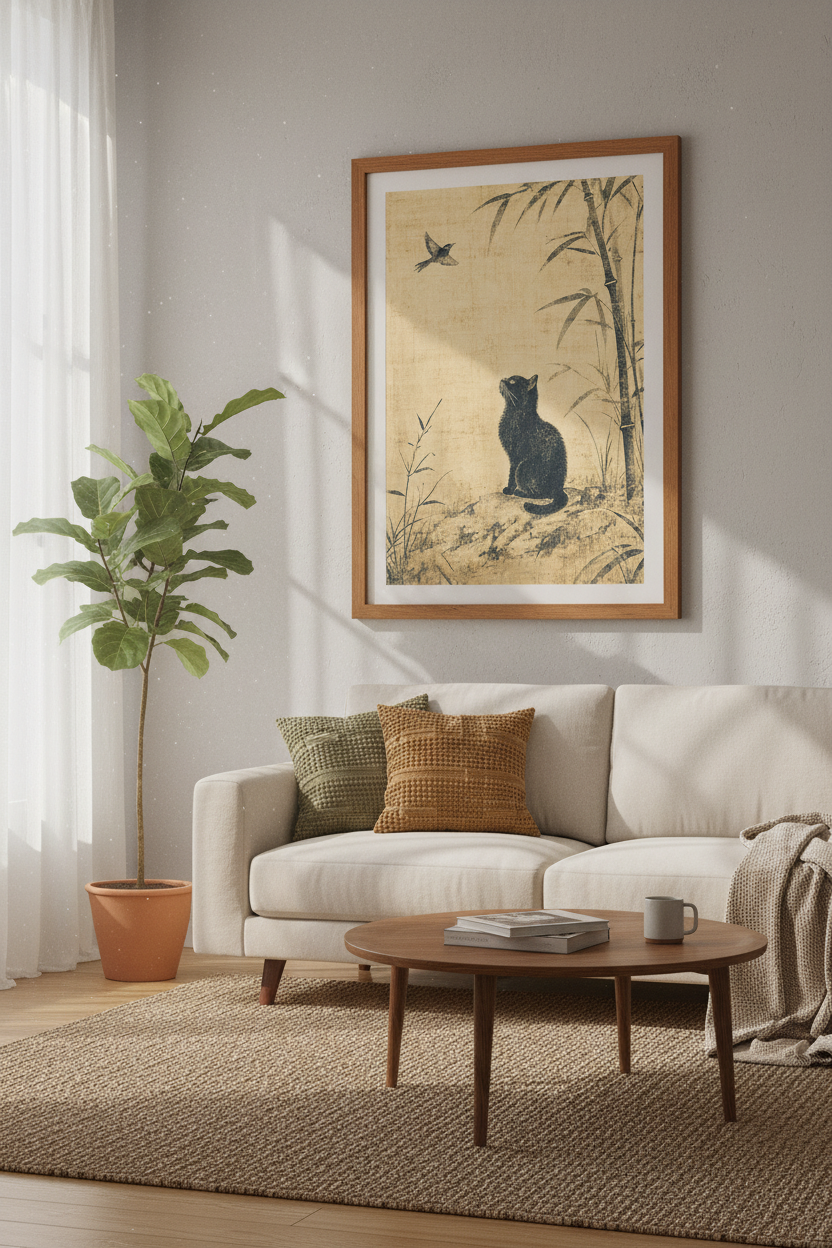Black Cat &amp; Bamboo Wall Art | Vintage Japanese Style Print, Zen Home Decor