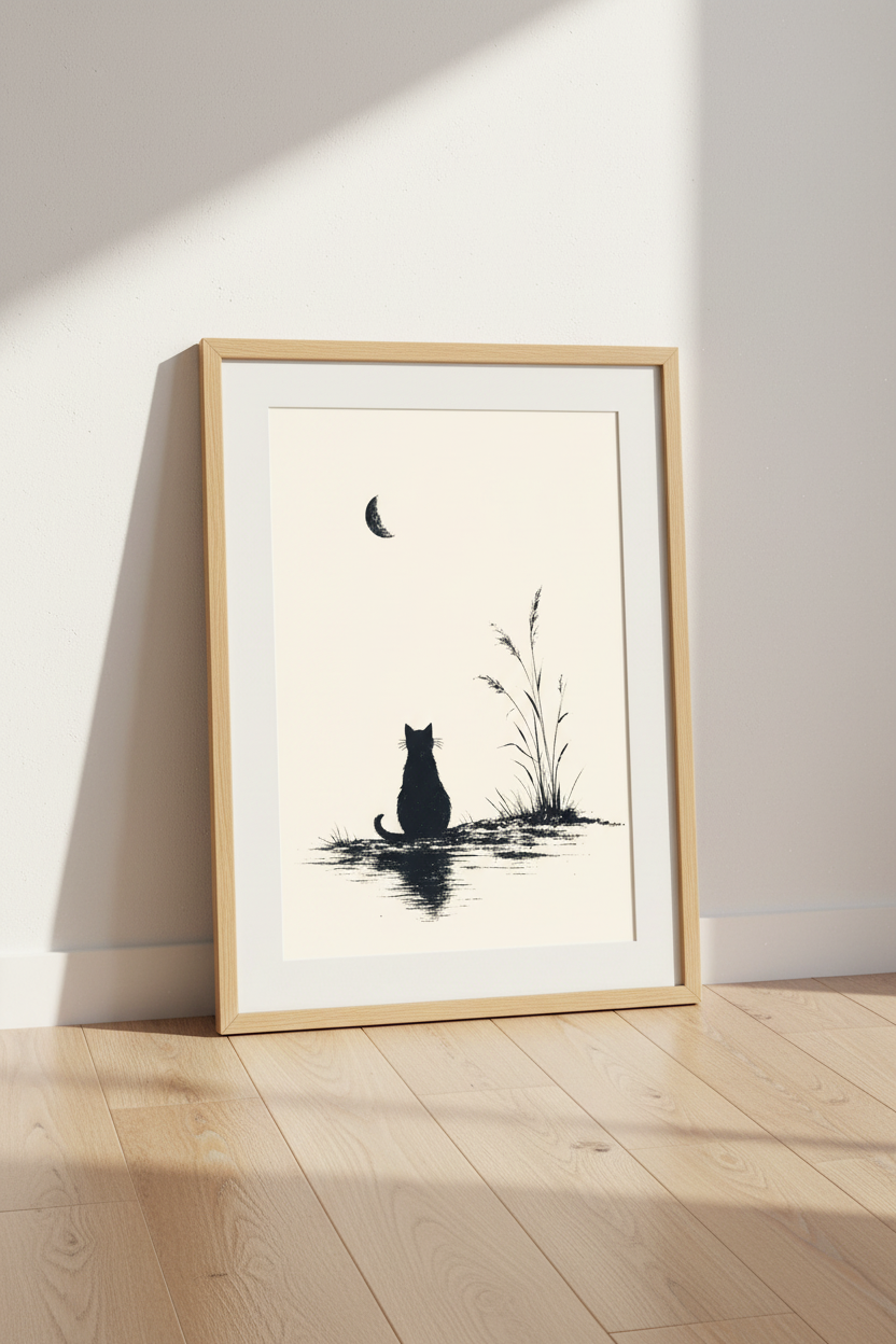 Black Cat Moon Art | Minimalist Ink Silhouette, Zen Bedroom Decor