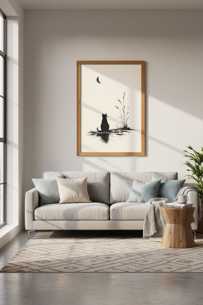 Black Cat Moon Art | Minimalist Ink Silhouette, Zen Bedroom Decor