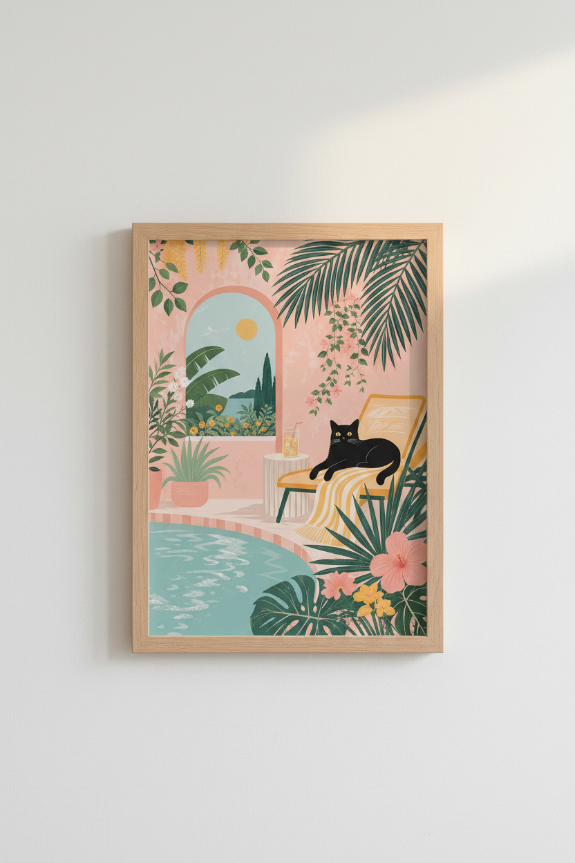 Tropical Cat Wall Art Print | Pink Mediterranean Poolside Decor | Aesthetic Poster