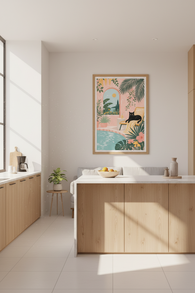 Tropical Cat Wall Art Print | Pink Mediterranean Poolside Decor | Aesthetic Poster