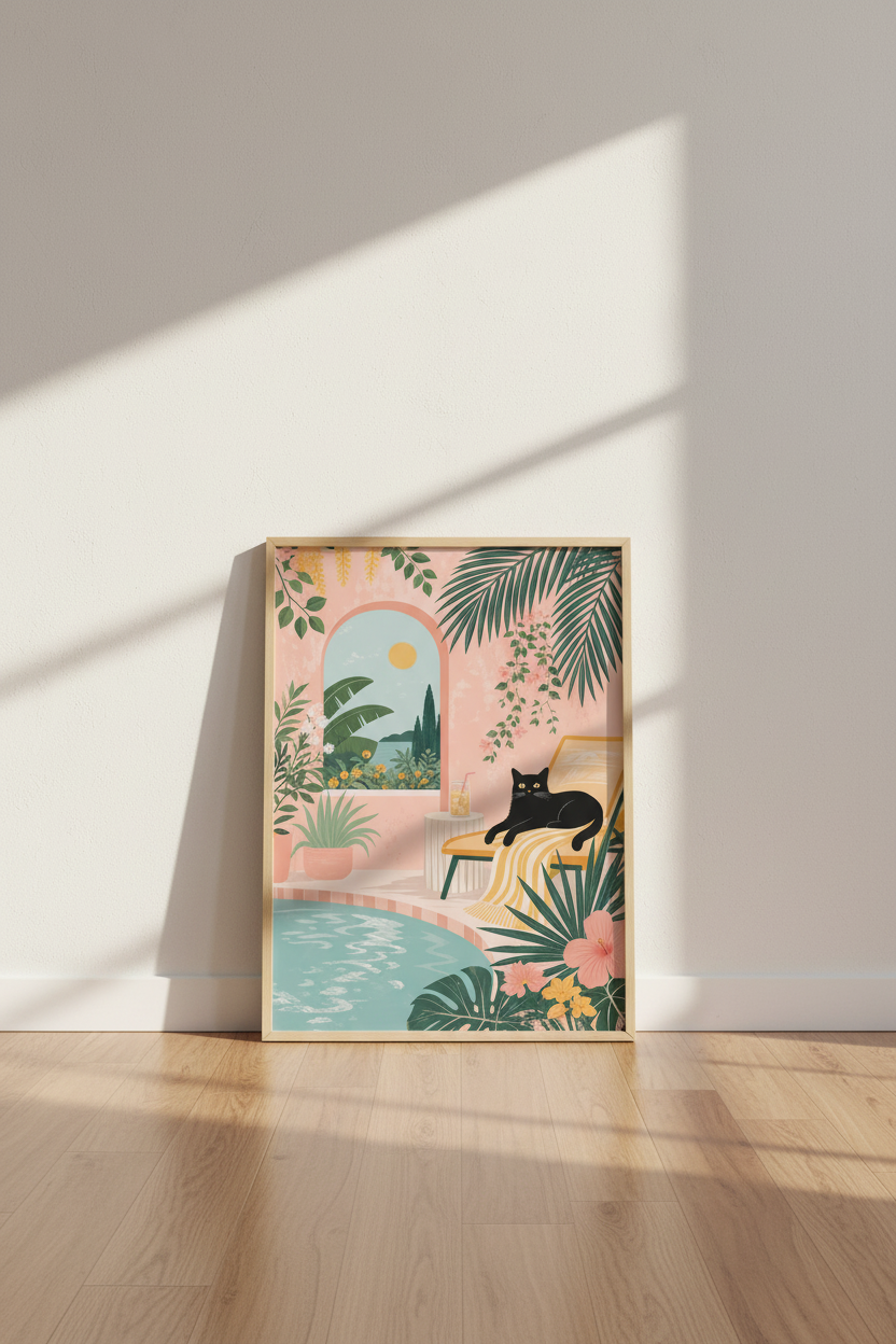 Tropical Cat Wall Art Print | Pink Mediterranean Poolside Decor | Aesthetic Poster