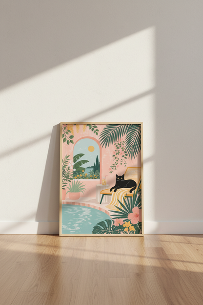 Tropical Cat Wall Art Print | Pink Mediterranean Poolside Decor | Aesthetic Poster