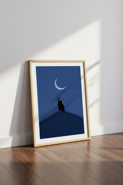Black Cat Moon Wall Art | Navy Blue Minimalist Poster, Bedroom Nursery Decor