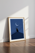 Black Cat Moon Wall Art | Navy Blue Minimalist Poster, Bedroom Nursery Decor