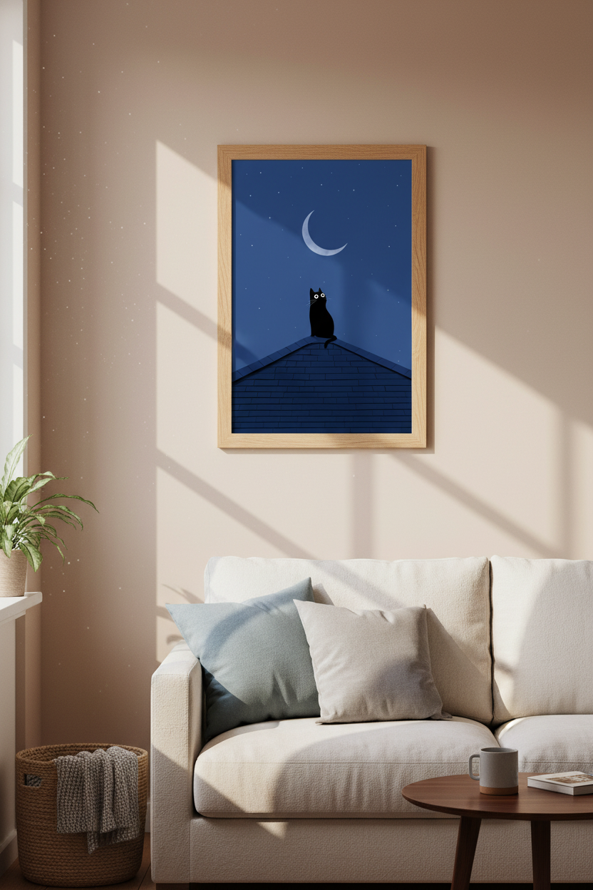 Black Cat Moon Wall Art | Navy Blue Minimalist Poster, Bedroom Nursery Decor