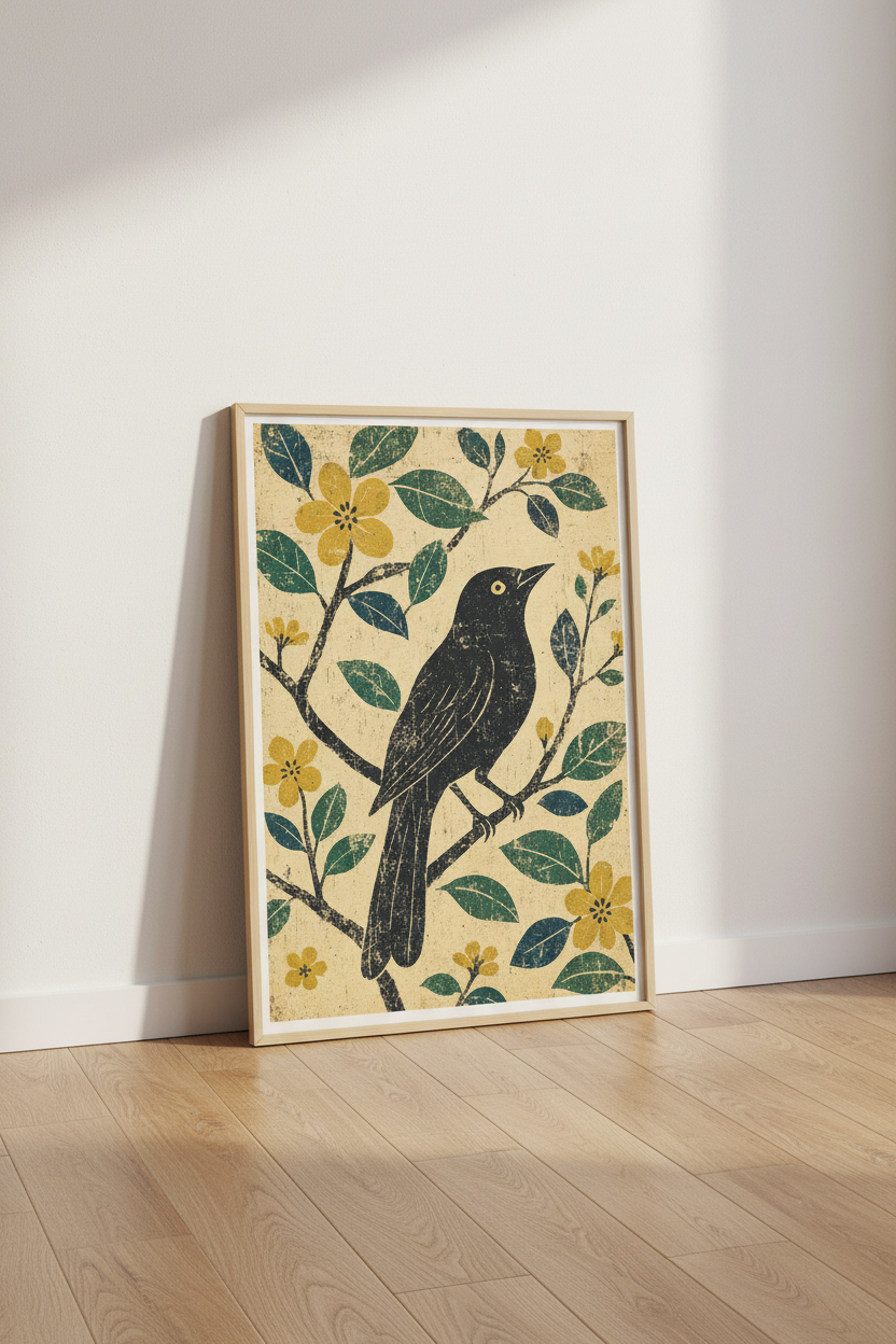 Folk Art Black Bird | Rustic Yellow Floral, Boho Farmhouse Wall Art