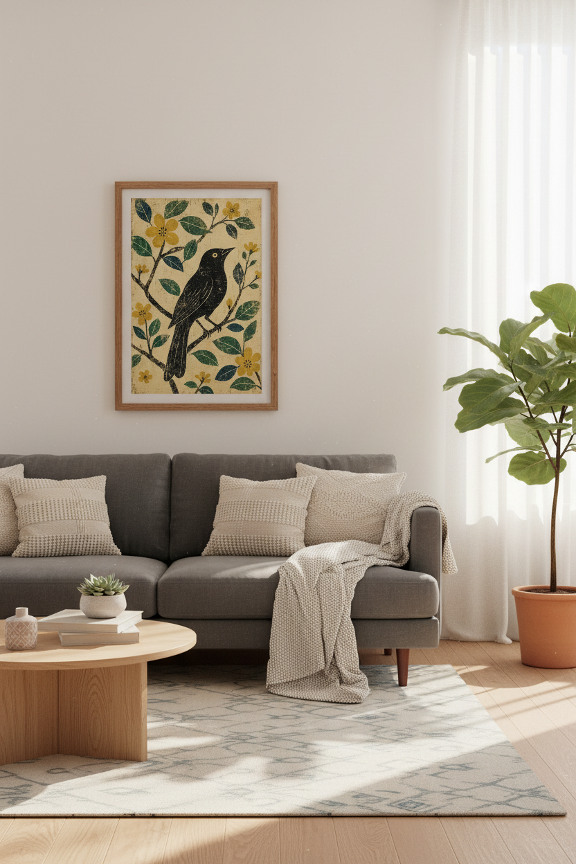 Folk Art Black Bird | Rustic Yellow Floral, Boho Farmhouse Wall Art