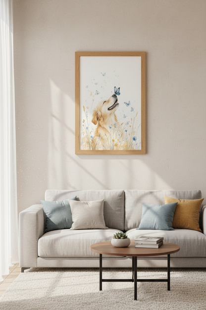 Golden Retriever &amp; Butterfly Art | Watercolor Dog Print | Nursery Nature Decor