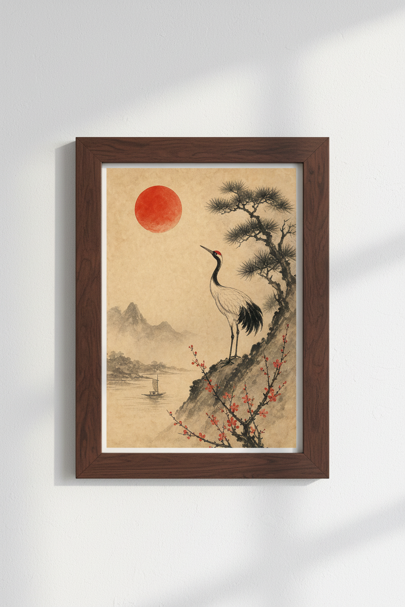 Japanese Crane Wall Art Print | Oriental Nature Decor, Vintage Ukiyo-e Style Poster