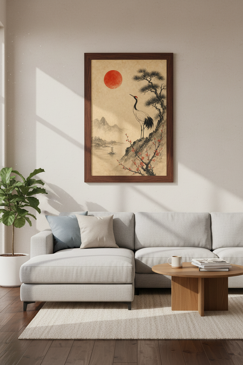 Japanese Crane Wall Art Print | Oriental Nature Decor, Vintage Ukiyo-e Style Poster