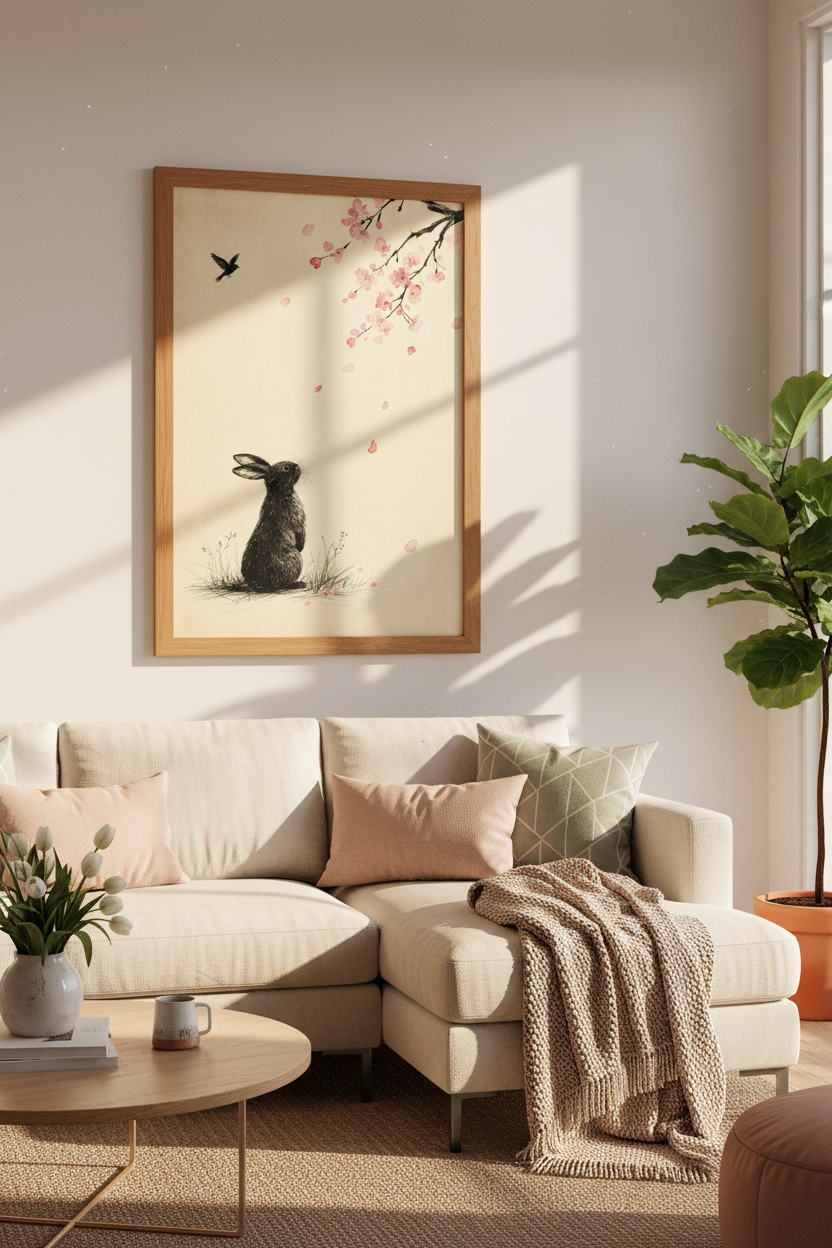 Black Rabbit &amp; Cherry Blossom Wall Art print | Zen Nursery Decor | Japanese Ink Poster
