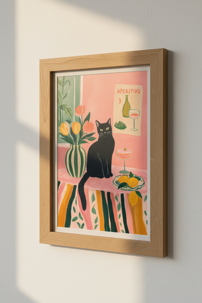 Black Cat Aperitivo Wall Art | Pink Eclectic Kitchen Decor | Maximalist Poster