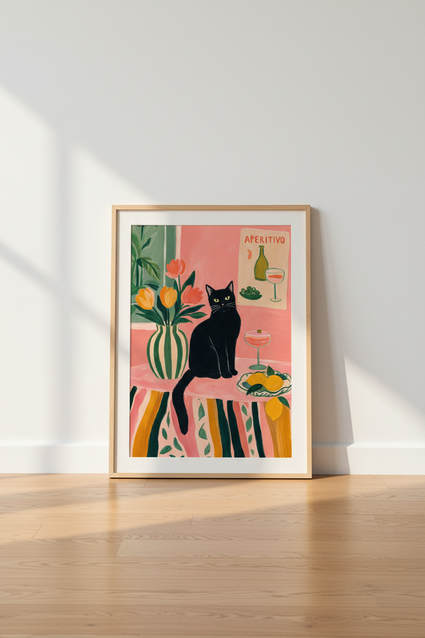 Black Cat Aperitivo Wall Art | Pink Eclectic Kitchen Decor | Maximalist Poster