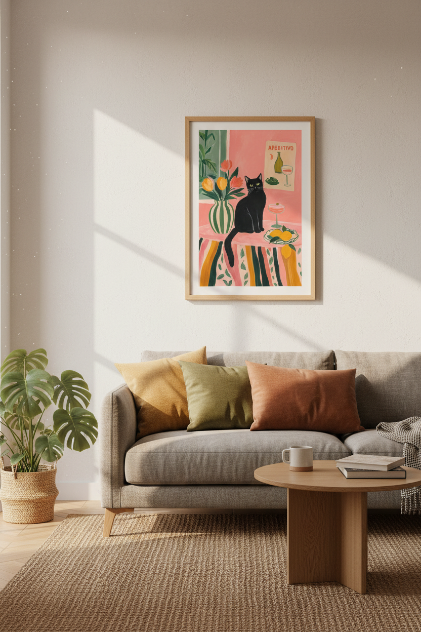 Black Cat Aperitivo Wall Art | Pink Eclectic Kitchen Decor | Maximalist Poster
