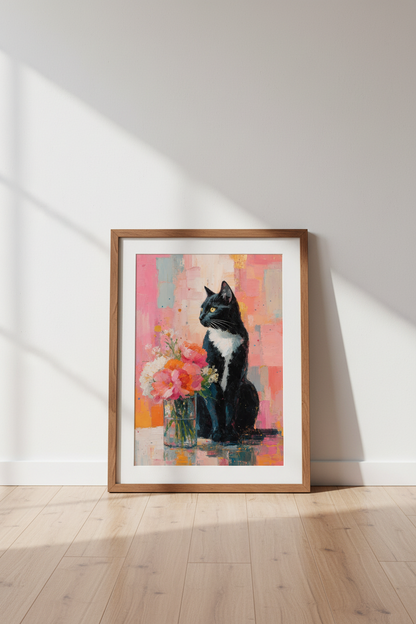 Black Cat &amp; Flowers Oil Painting Print | Pink Floral Wall Art | Colorful Aesthetic Poster