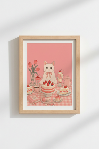 Coquette Cat Wall Art Print | Pink Aesthetic Room Decor | Cute Kawaii Cat Poster
