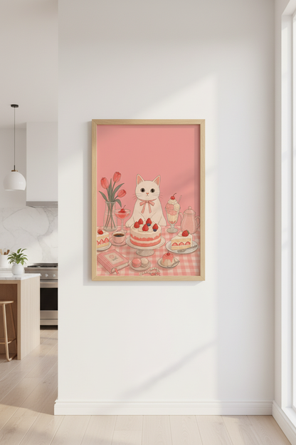 Coquette Cat Wall Art Print | Pink Aesthetic Room Decor | Cute Kawaii Cat Poster